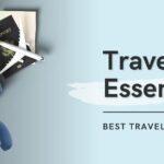 A well-arranged flat lay of essential travel comfort items. Include items like a travel pillow, compression socks, a foot hammock, a portable blanket, and noise-canceling headphones