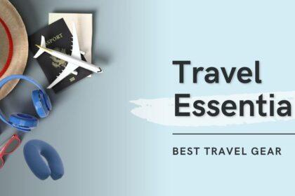 A well-arranged flat lay of essential travel comfort items. Include items like a travel pillow, compression socks, a foot hammock, a portable blanket, and noise-canceling headphones