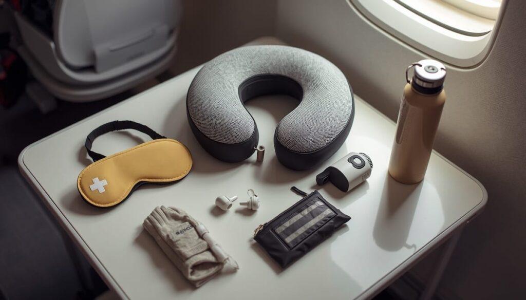 Cozy travel comfort scene on a table, ready to pack. Show a travel neck pillow, eye mask, earplugs, compression socks, reusable water bottle, and small first aid kit neatly arranged on a table. Soft natural light from the window, realistic 