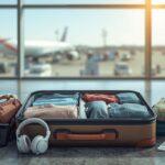 An open suitcase neatly packed with organized clothing and packing cubes, surrounded by all your requested travel items—passport, camera, travel adapter, headphones, power bank, travel pillow, sunglasses, world map, and airline tickets