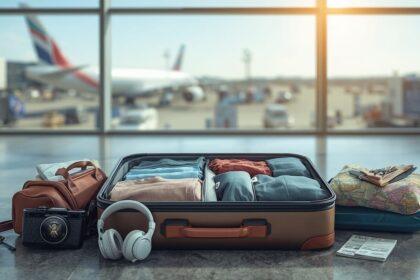An open suitcase neatly packed with organized clothing and packing cubes, surrounded by all your requested travel items—passport, camera, travel adapter, headphones, power bank, travel pillow, sunglasses, world map, and airline tickets