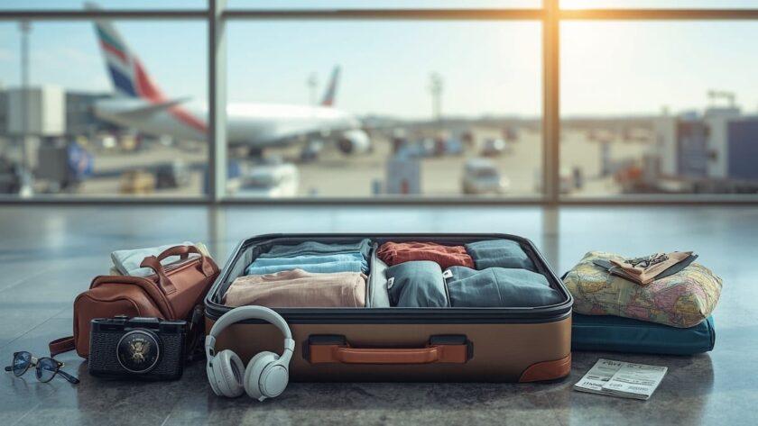 An open suitcase neatly packed with organized clothing and packing cubes, surrounded by all your requested travel items—passport, camera, travel adapter, headphones, power bank, travel pillow, sunglasses, world map, and airline tickets