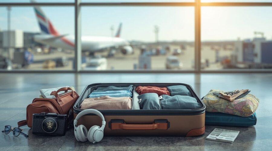 An open suitcase neatly packed with organized clothing and packing cubes, surrounded by all your requested travel items—passport, camera, travel adapter, headphones, power bank, travel pillow, sunglasses, world map, and airline tickets