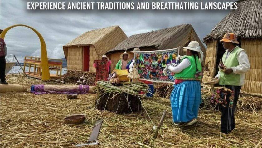 Uros floating islands on Lake Titicaca in Peru with traditional reed boats and village homes