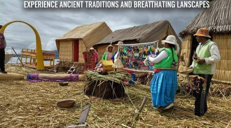 Uros floating islands on Lake Titicaca in Peru with traditional reed boats and village homes
