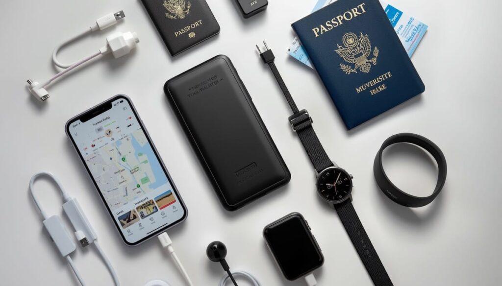 Modern travel technology flat lay featuring a smartphone displaying a travel map, power bank, charging cables, universal travel adapter, wireless headphones, smartwatch, and luggage tracker. Arrange items neatly on a clean desk